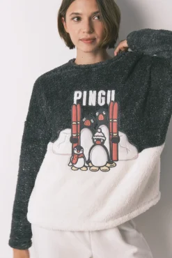 Pijama comprido polar pelo macio bordado Pingu
