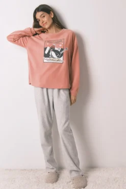 Pijama comprido polar suave rosa e cinzento Pingu