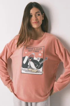 Pijama comprido polar suave rosa e cinzento Pingu