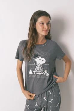 Pijama comprido Snoopy 100% algodão manga longa e curta