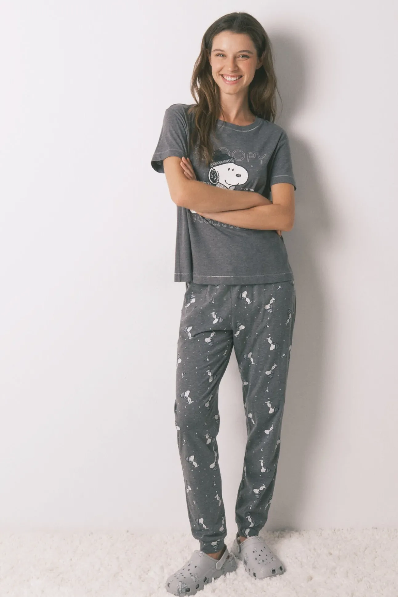 Pijama comprido Snoopy 100% algodão manga longa e curta