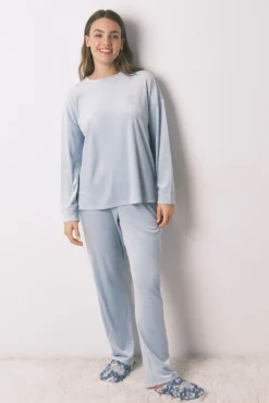 Pijama comprido veludo cotelê azul