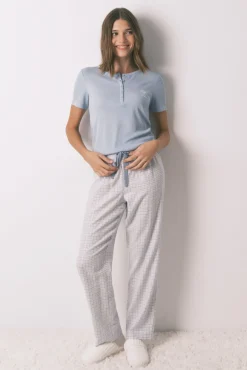 Pijama comprido xadrez efeito brilho azul