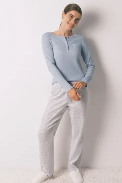 Pijama comprido xadrez efeito brilho azul