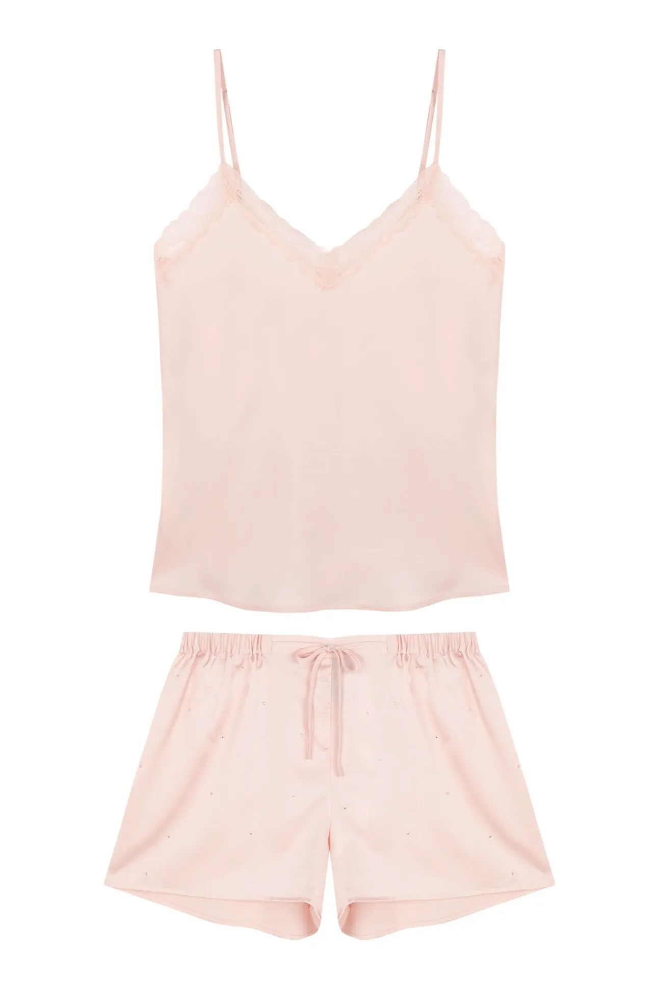 Pijama curto de cetim com renda rosa