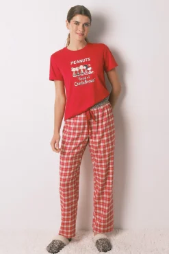 Pijama longo 100% algodão estampado xadrez vermelho Snoopy