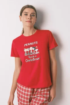 Pijama longo 100% algodão estampado xadrez vermelho Snoopy
