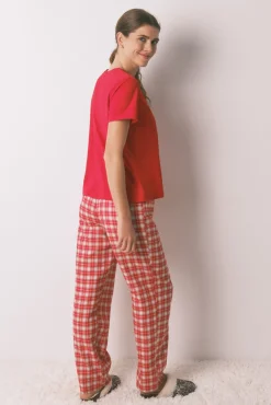 Pijama longo 100% algodão estampado xadrez vermelho Snoopy