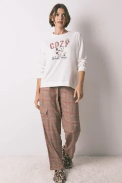 Pijama longo 100% algodão estampado xadrez Snoopy