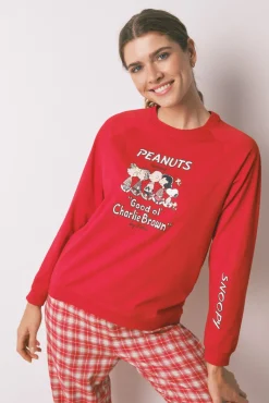 Pijama longo 100% algodão estampado xadrez vermelho Snoopy