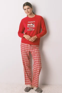 Pijama longo 100% algodão estampado xadrez vermelho Snoopy