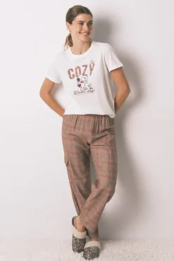 Pijama longo 100% algodão estampado xadrez Snoopy