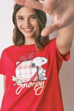 Pijama longo 100% algodão xadrez vermelho Snoopy