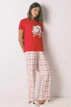 Pijama longo 100% algodão xadrez vermelho Snoopy