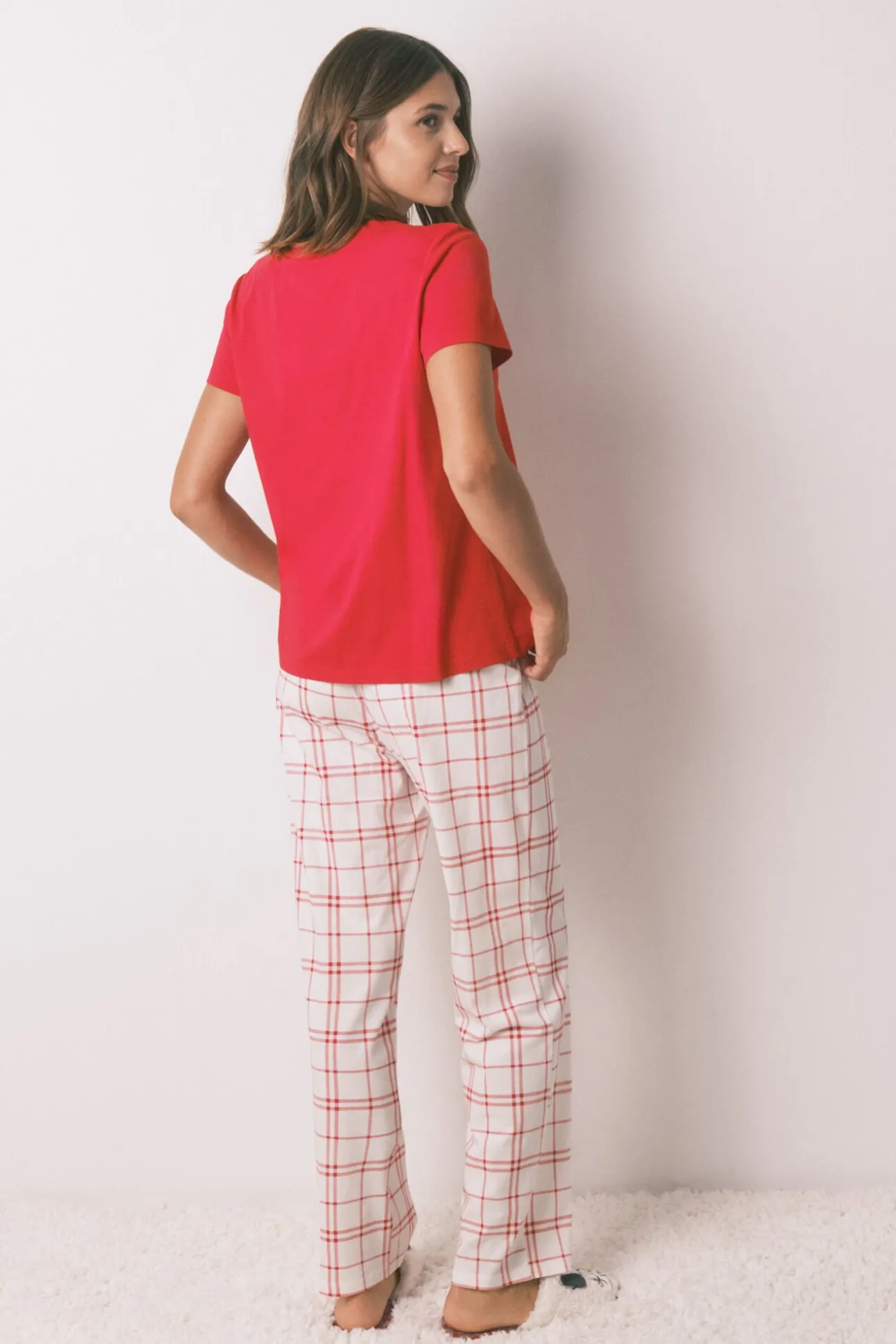 Pijama longo 100% algodão xadrez vermelho Snoopy