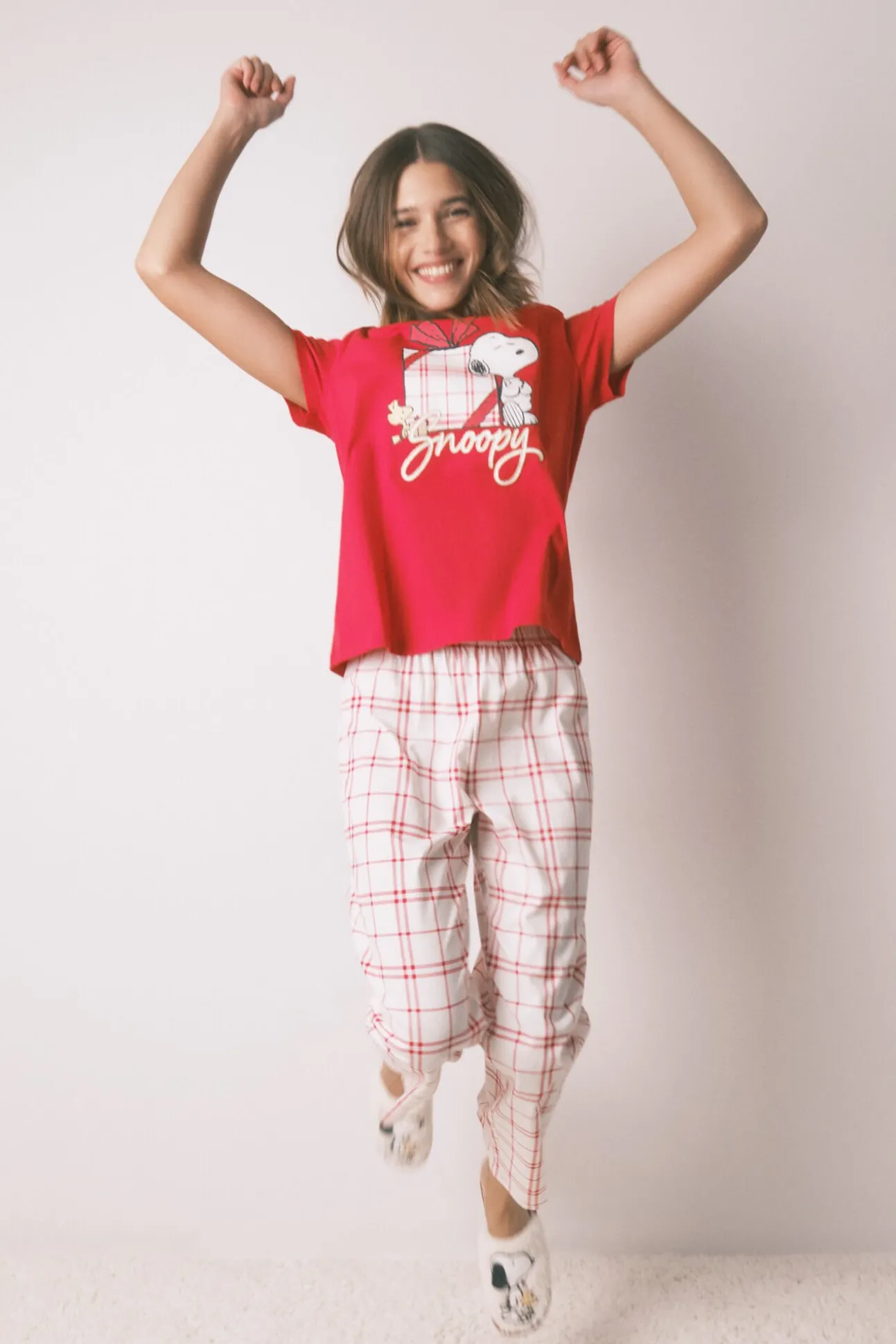 Pijama longo 100% algodão xadrez vermelho Snoopy