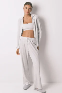 Pijama longo de algodão canelado cinza
