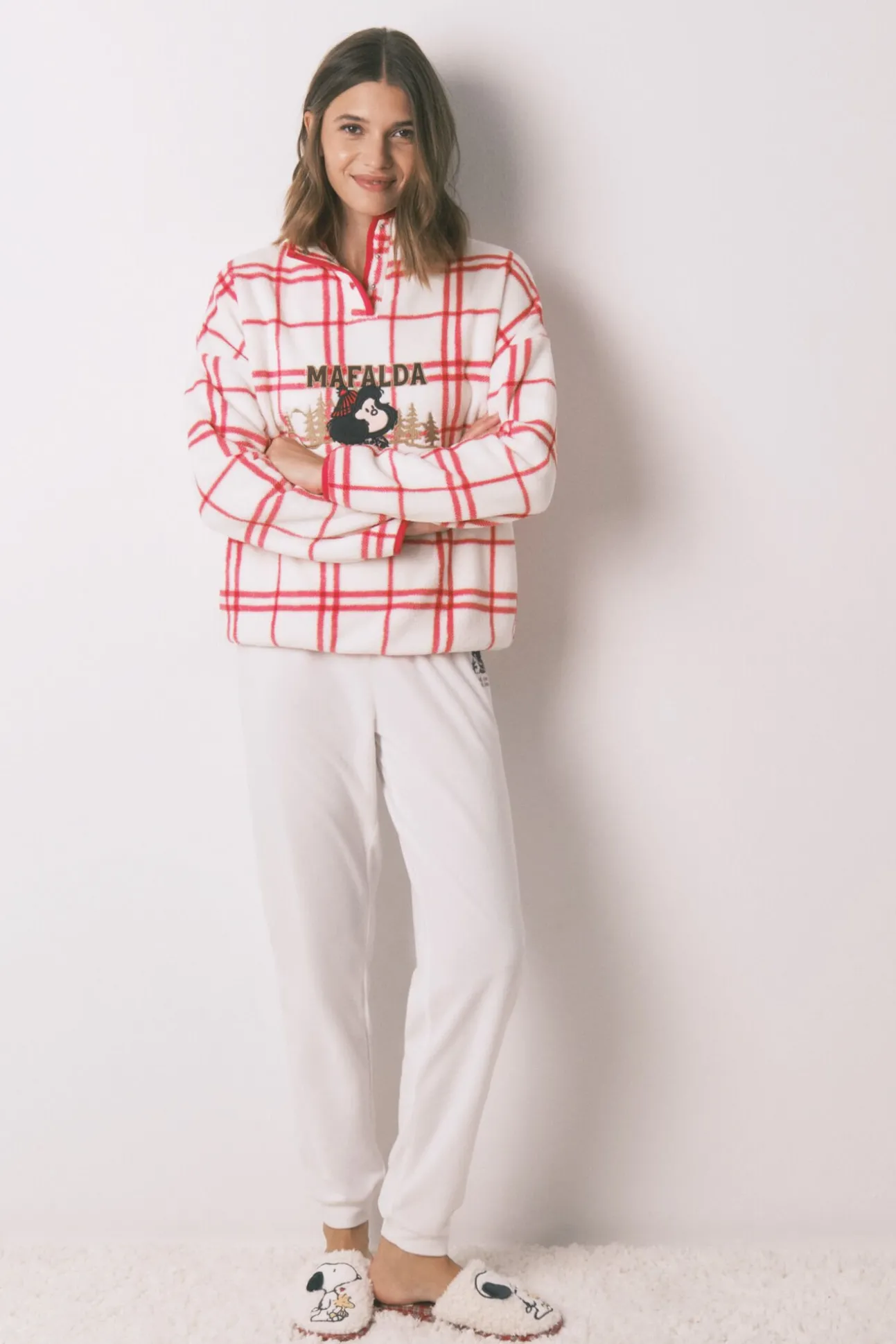 Pijama longo de lã xadrez branco Mafalda