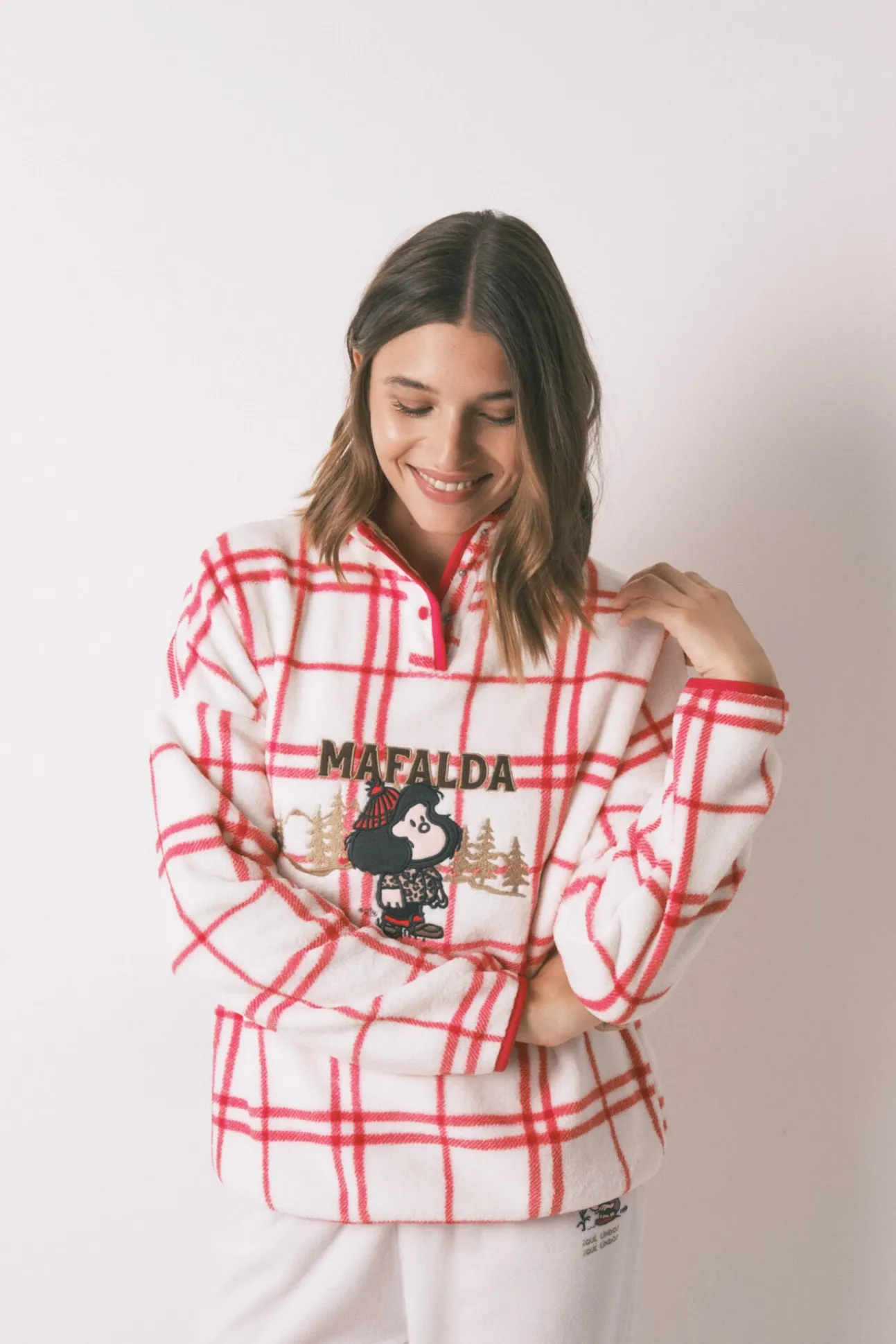 Pijama longo de lã xadrez branco Mafalda