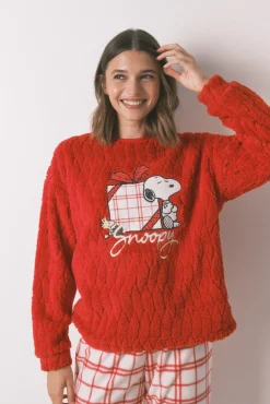 Pijama longo de lã xadrez vermelho Snoopy