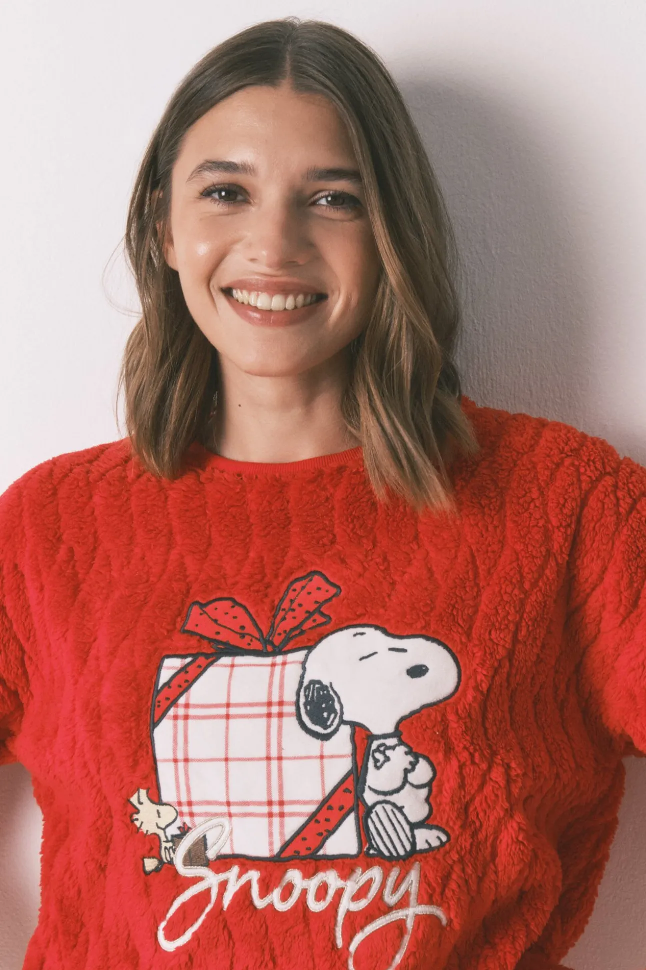 Pijama longo de lã xadrez vermelho Snoopy