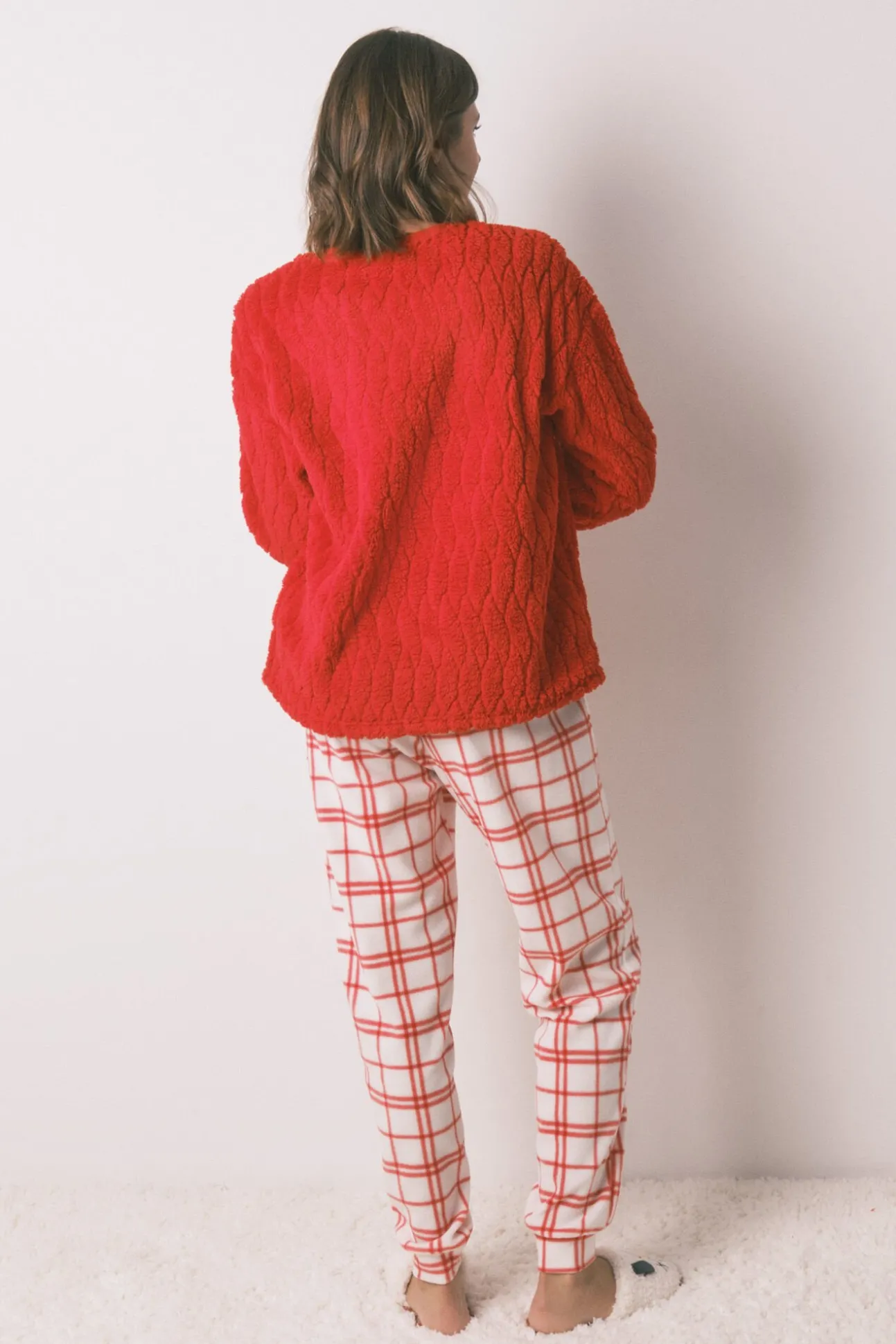 Pijama longo de lã xadrez vermelho Snoopy