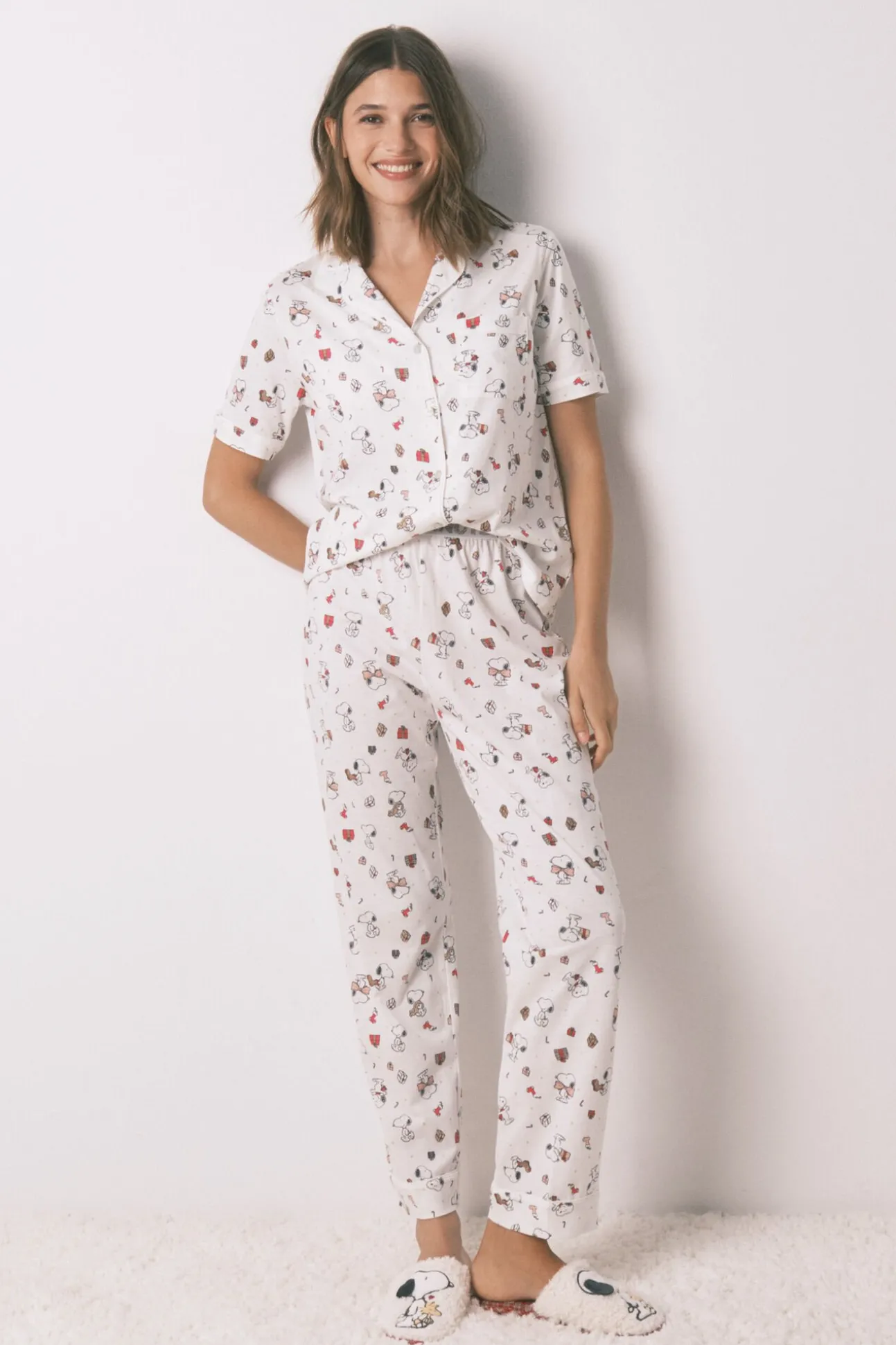 Pijama longo estilo camisa 100% algodão branco Snoopy
