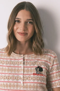 Pijama longo textura waffle felpudo com faixas Mafalda