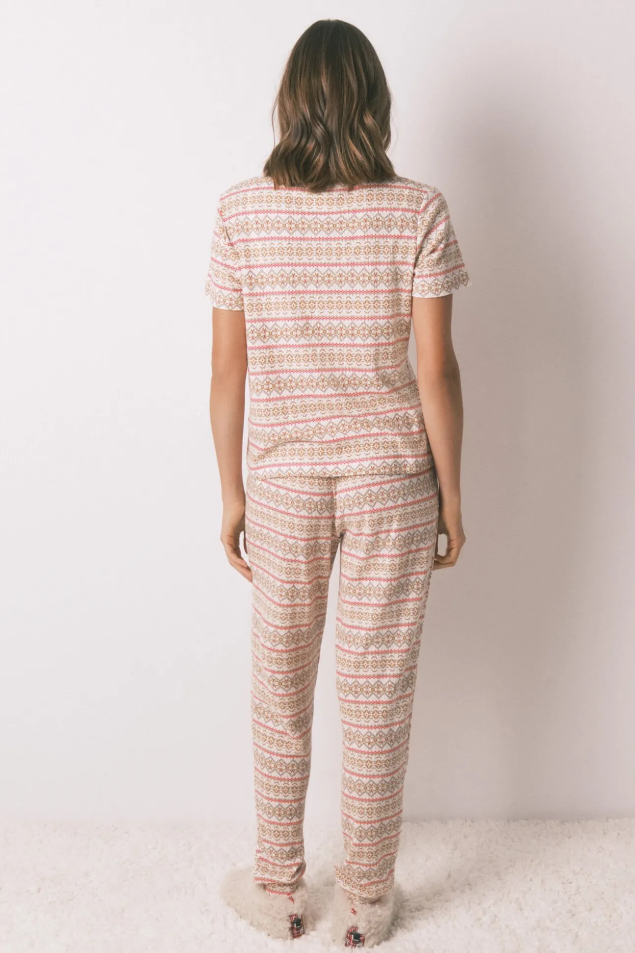 Pijama longo textura waffle felpudo com faixas Mafalda