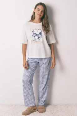 Pijama pijama comprido de algodão Snoopy Vichy de manga manga