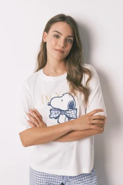 Pijama pijama comprido de algodão Snoopy Vichy de manga manga