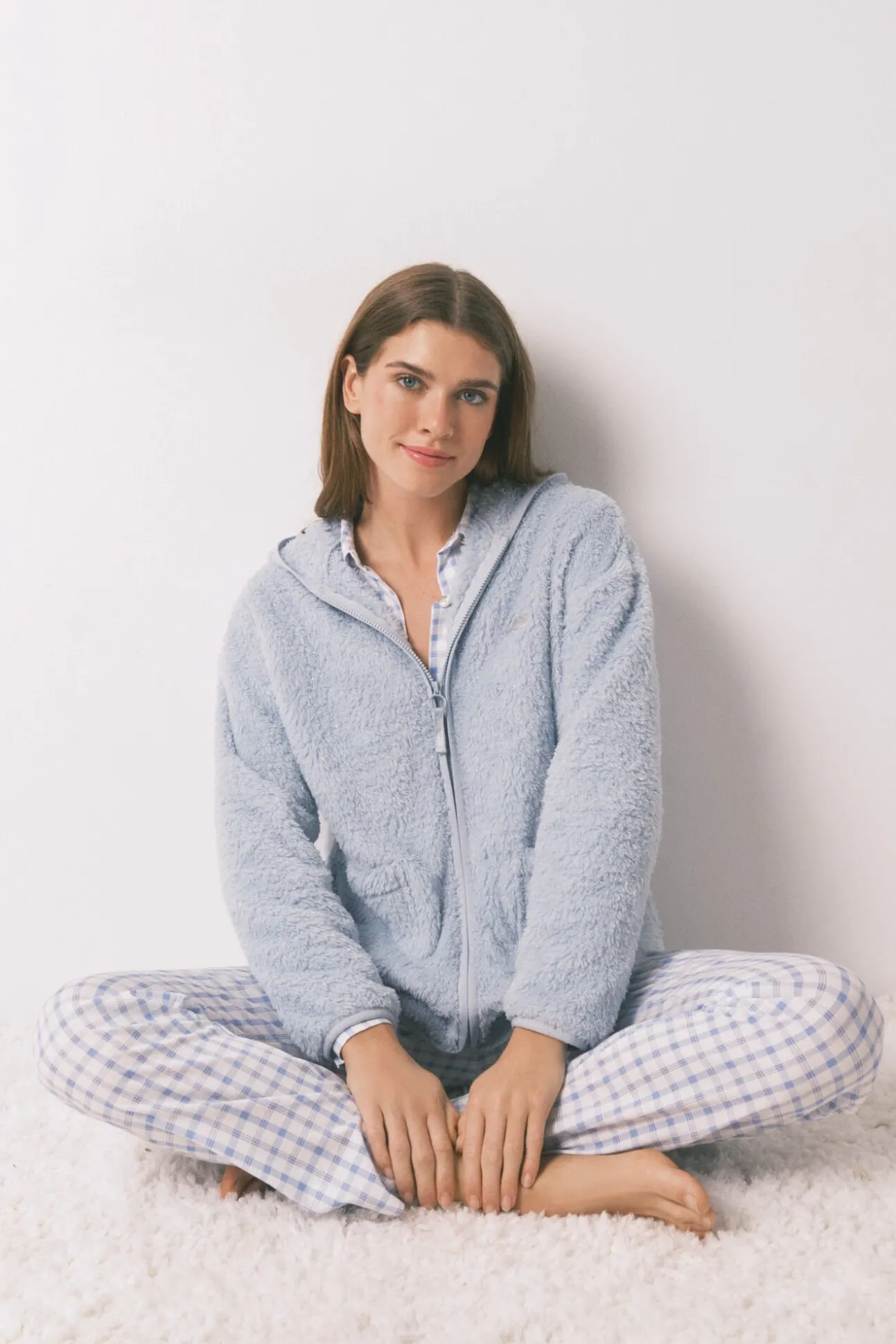 Robe curta de tecido de pelo azul lurex