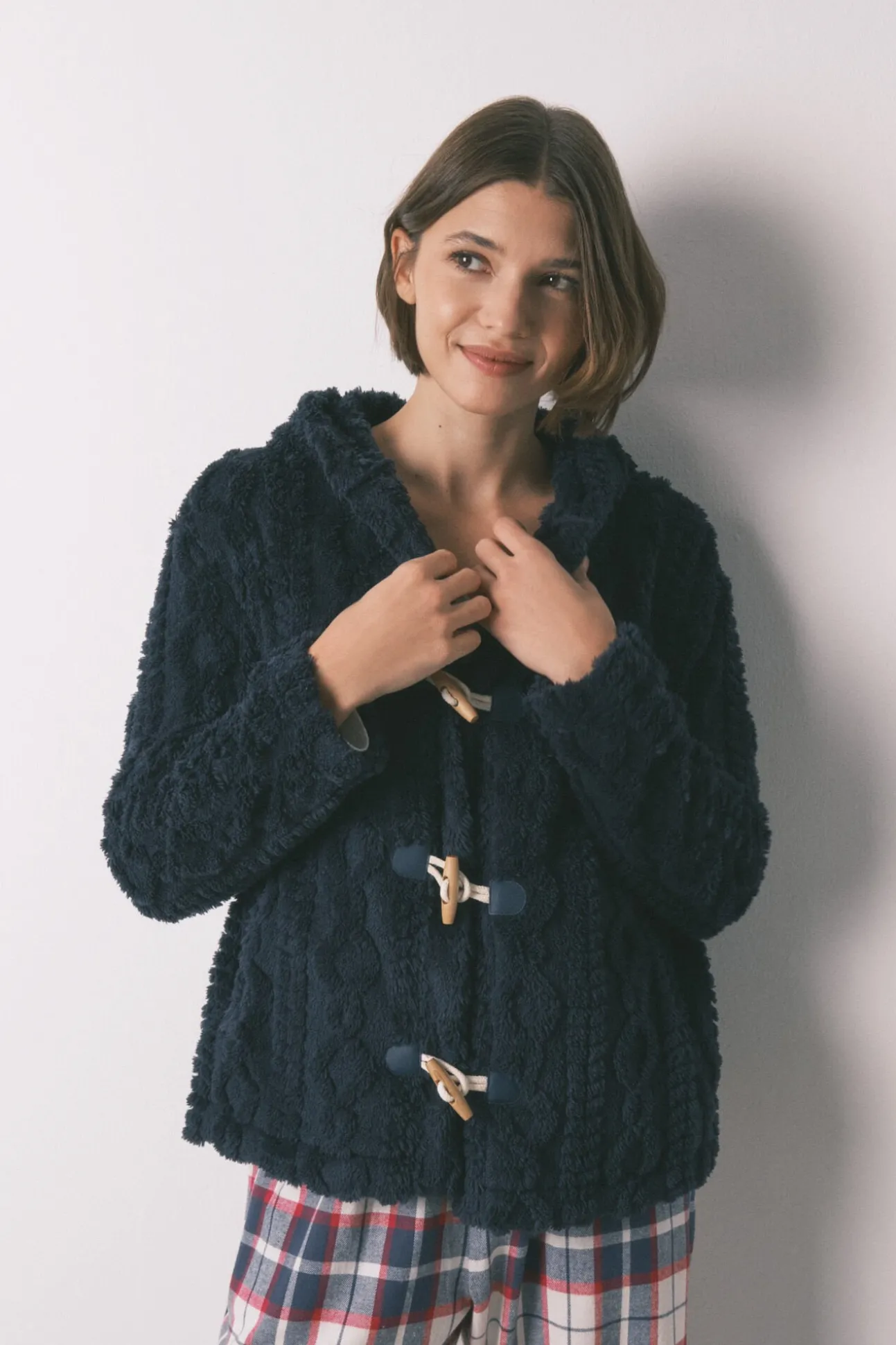 Robe curto polar com capuz suave azul