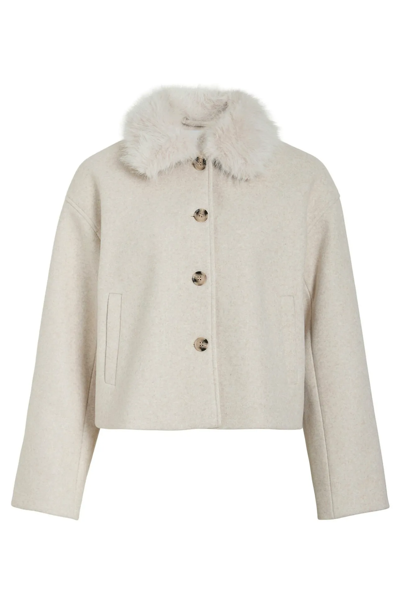 Sobretudo de tecido com gola de pele sintética