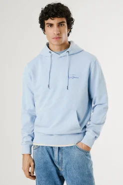 Sweatshirt lavado com logo pequeno na frente e logo grande atrás.