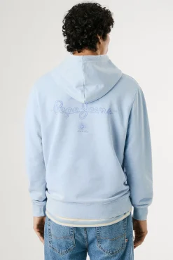 Sweatshirt lavado com logo pequeno na frente e logo grande atrás.