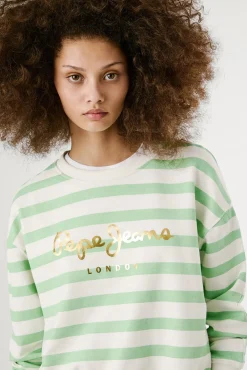 Sweatshirt riscas manga comprida com logo frontal