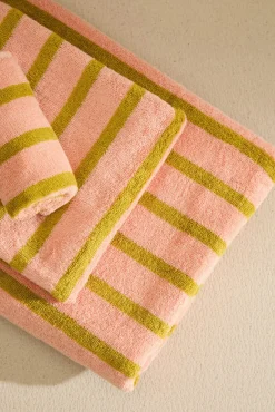 Toalha de banho de algodão felpudo riscas rosa Saturn