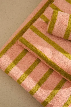 Toalha de banho de algodão felpudo riscas rosa Saturn
