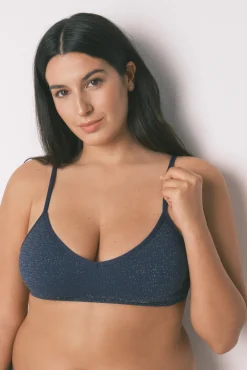 Top canelado sem costura em lurex azul