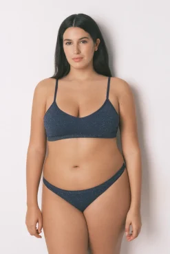 Top canelado sem costura em lurex azul