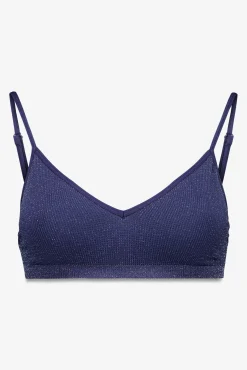 Top canelado sem costura em lurex azul