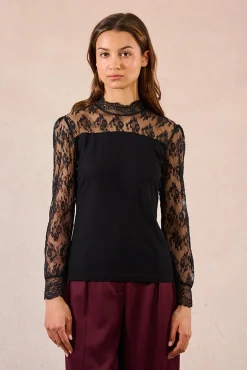 Top de manga comprida com detalhes de renda