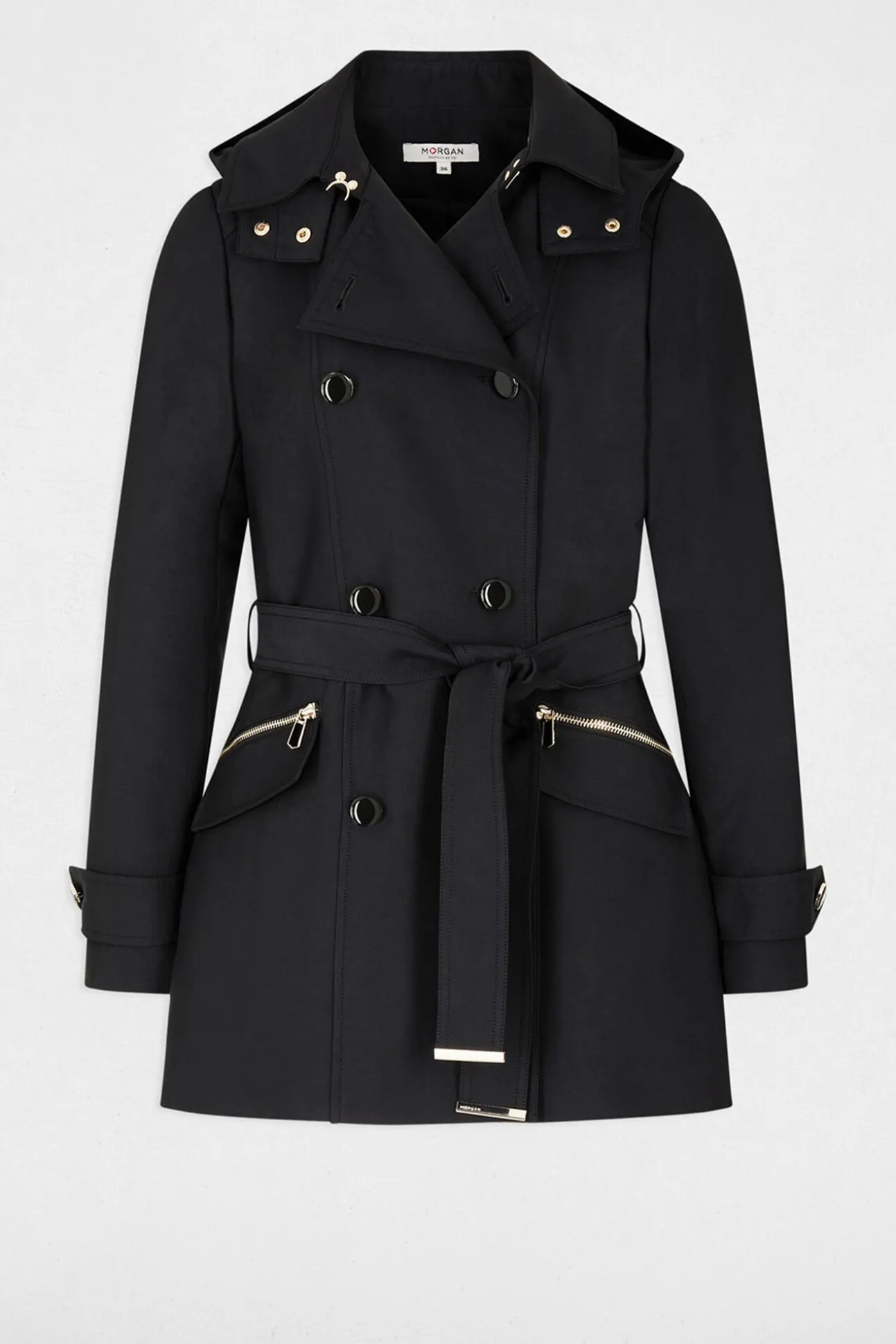 Trench coat justo com cinto e capuz