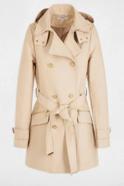 Trench coat justo com cinto e capuz