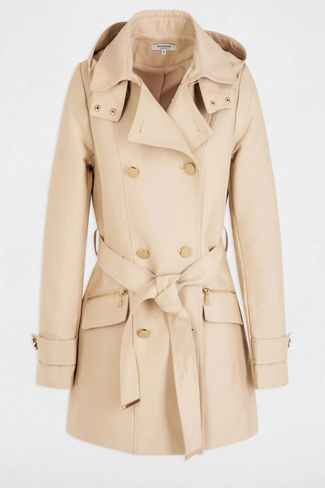 Trench coat justo com cinto e capuz