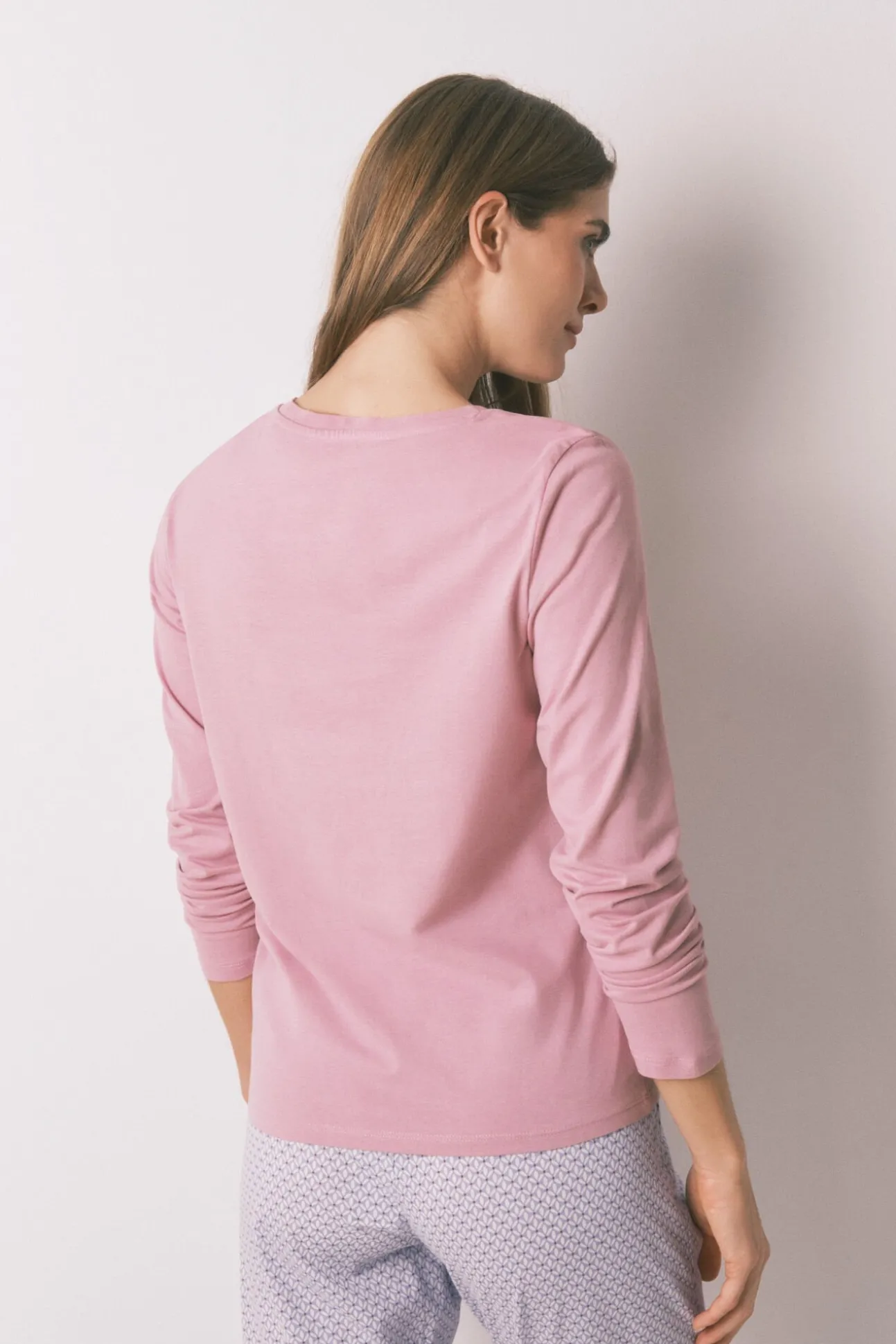 T-shirt de manga comprida de algodão escovado rosa