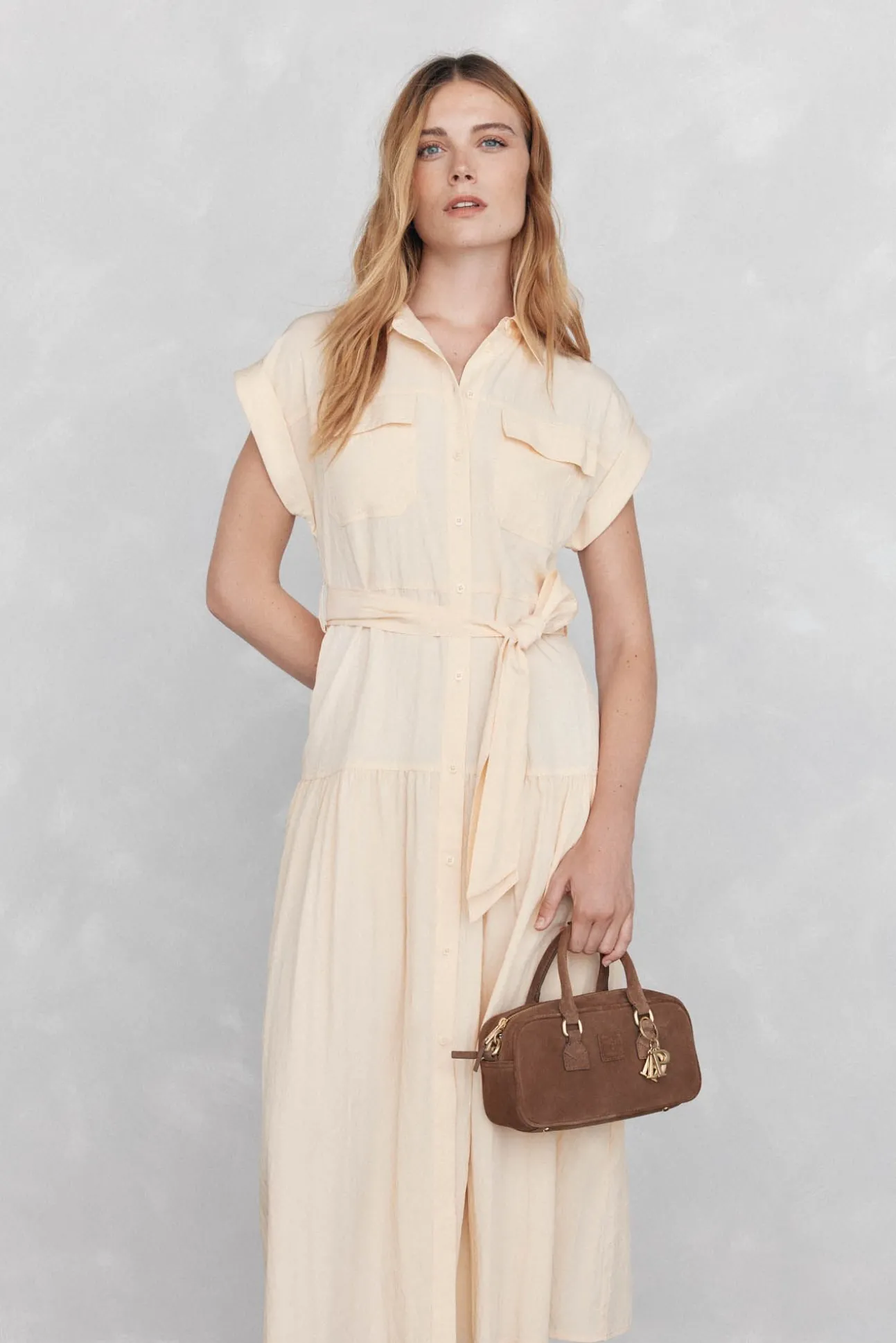 Vestido camisa mangas comprimento midi