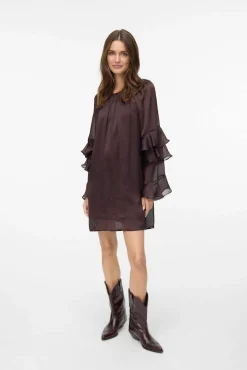 Vestido curto de chiffon com manga franzidas