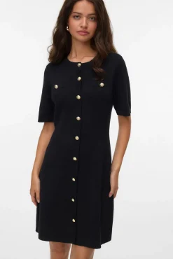 Vestido curto de malha com botões dourados